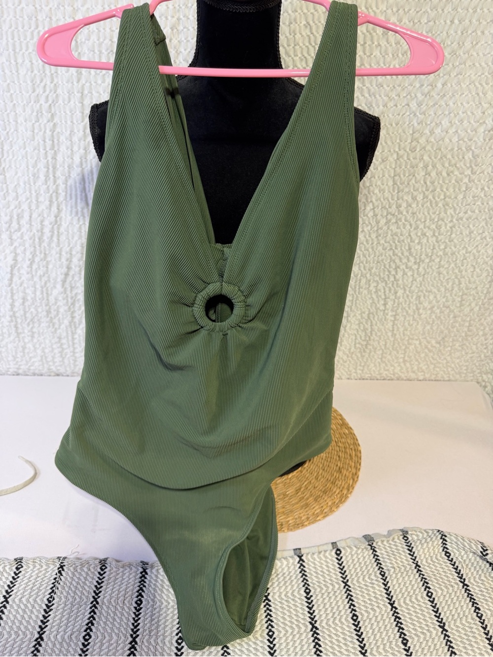 Shade & Shore Olive Green Ribbed One-Piece Swimsuit with Ring Detail